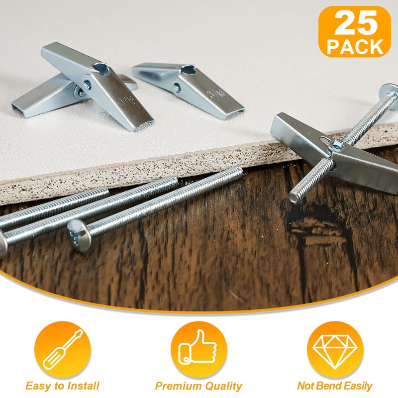 KURUI 3/16 Toggle Bolts for Drywall, 25 Pcs Heavy Duty Metal Drywall Anchors Kit, Dry Wall Anchors and Screws Kit, Butterfly Anchors for Ceiling, Sheetrock, Hollow Wall - Image 2